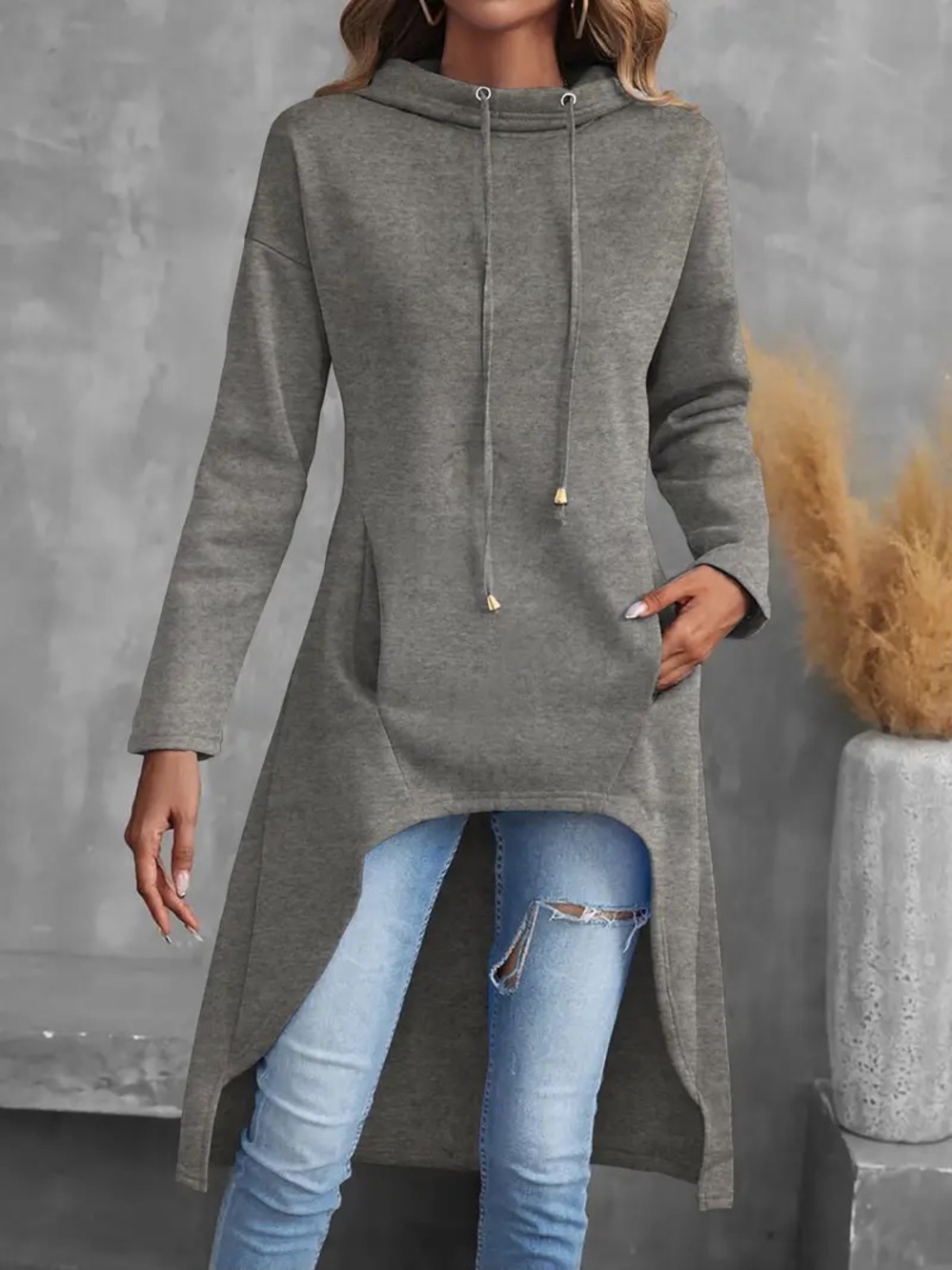 Women's Gray High-Low Hooded Tunic Sweatshirt dress